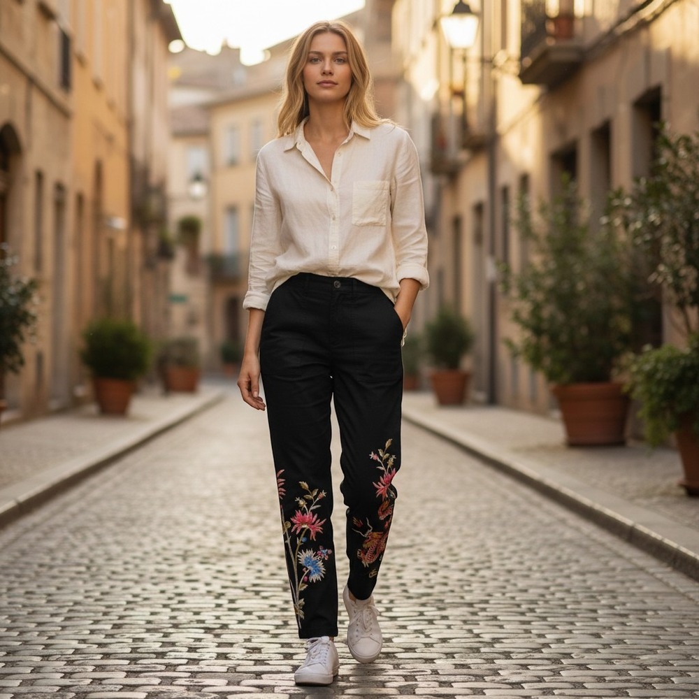 Johnny Was Ankle Pants‎ 2 black cotton dragon and floral embroidery READ